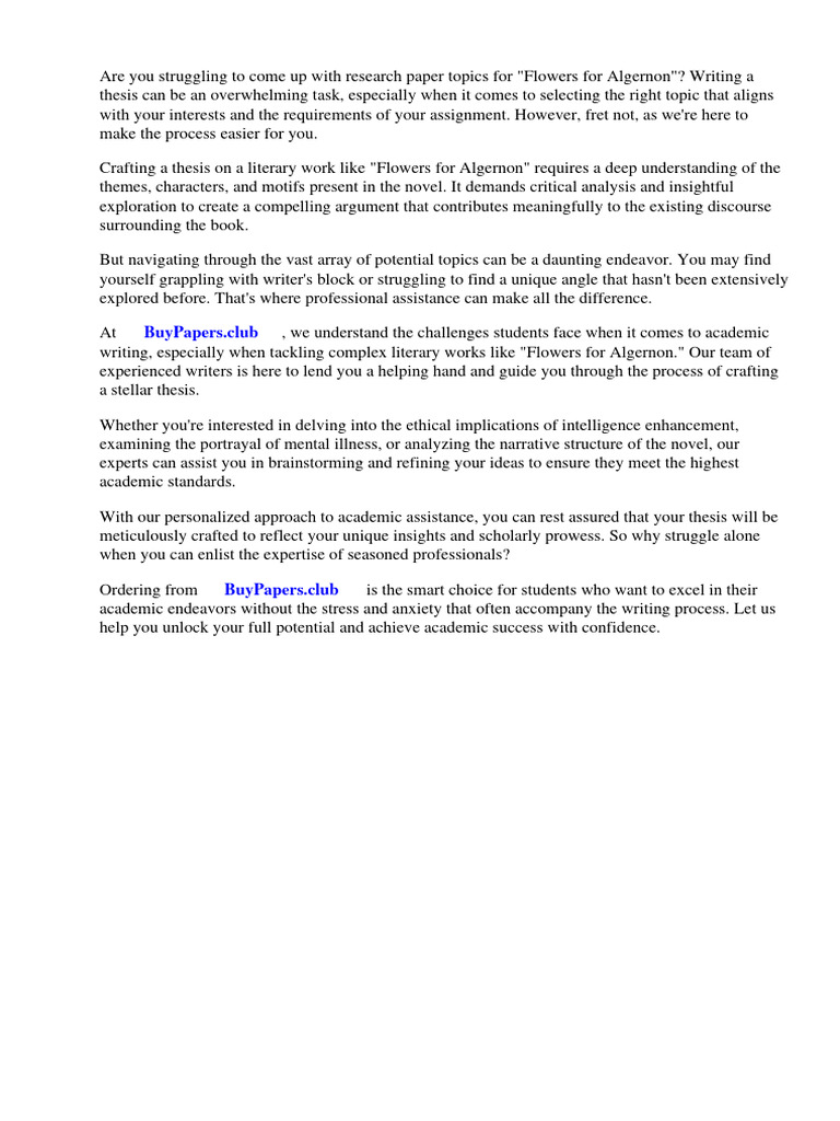 Research Paper Topics For Flowers For Algernon PDF Cognition