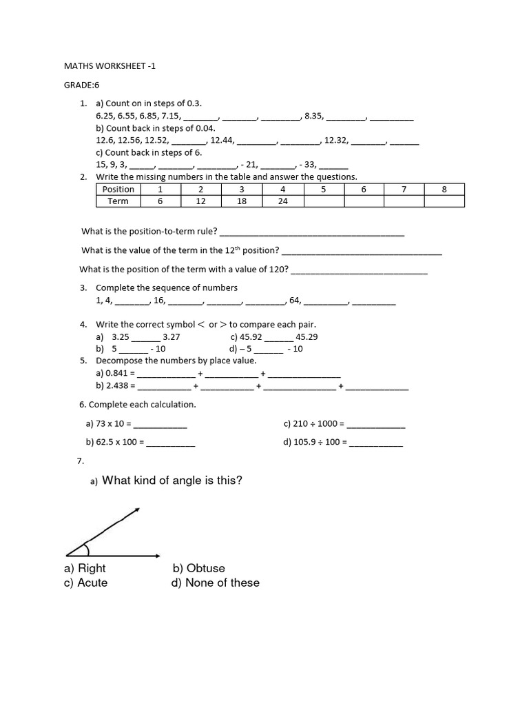 Grade 6 Maths Worksheet | PDF