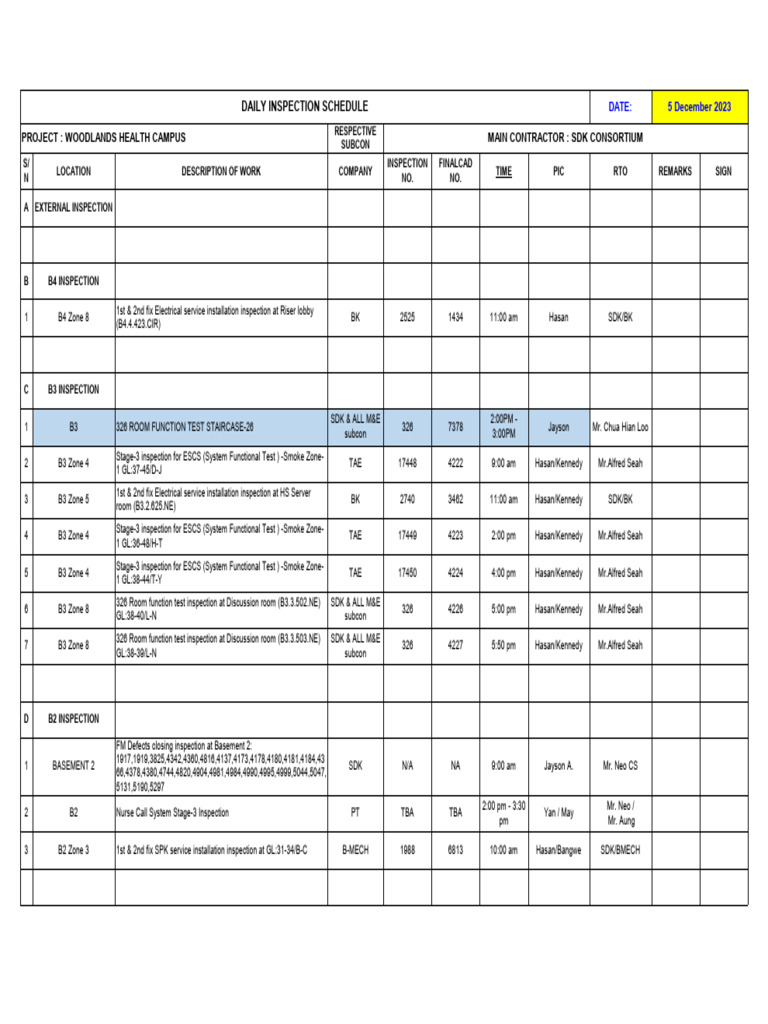 Daily Inspection Schedule for Woodlands Health Campus | PDF