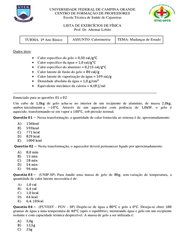 Exercícios de Calorimetria e Mudanças de Estado | PDF | Temperatura | Calor