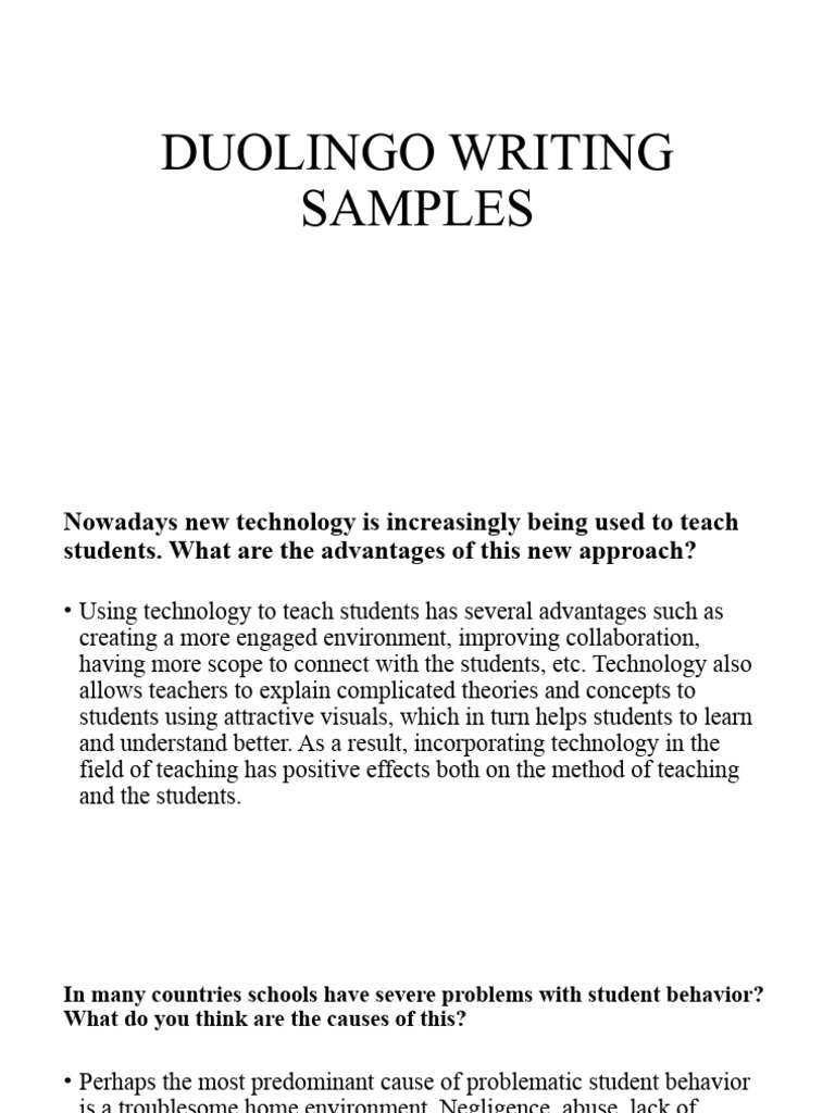 Duolingo Writing Samples and Topics | PDF | Adolescence | Behavior