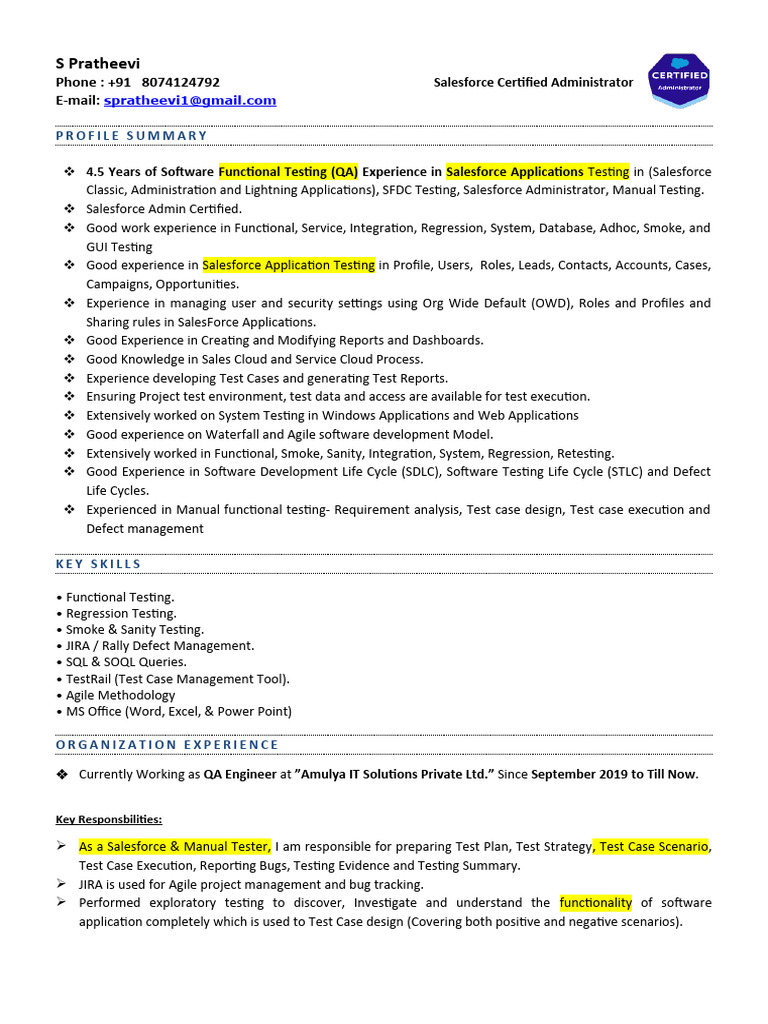 Salesforce QA Engineer Resume Summary | PDF | Software Testing ...