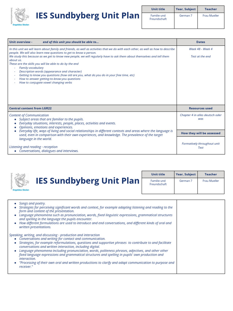 German 7 Unit 2 - Familie Und Freunschaft 22 - 23 | PDF | Word ...