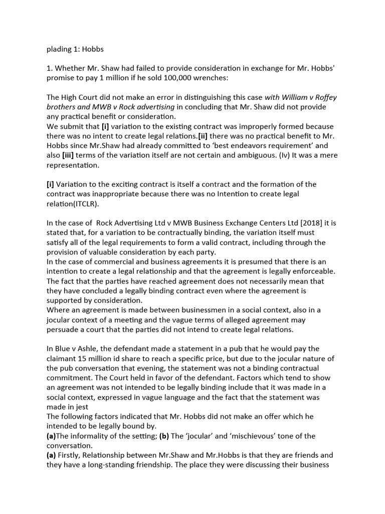 All Pleading Hobbs Footnotes | PDF | Consideration | Breach Of Contract