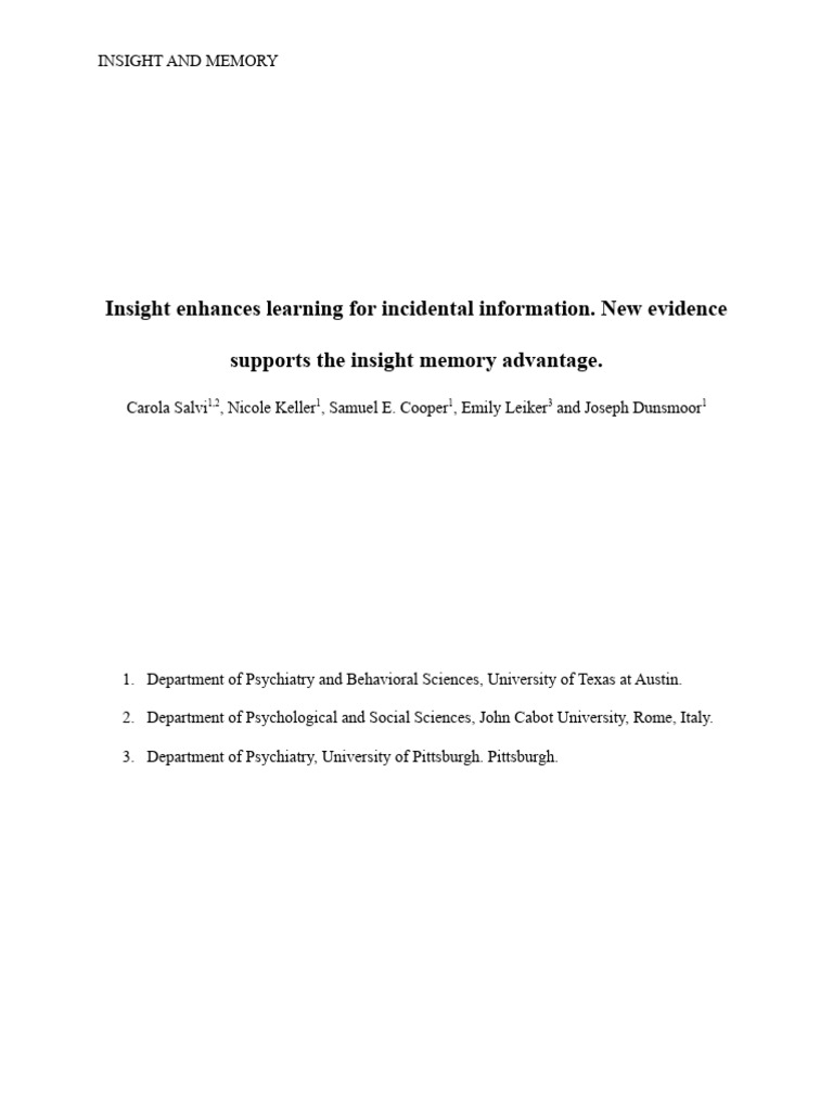 Insight Memory Advantage in Learning | PDF | Insight | Memory