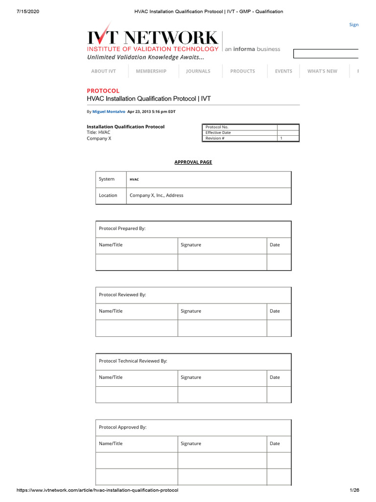 HVAC Installation Qualification Protocol IVT GMP Qualification PDF