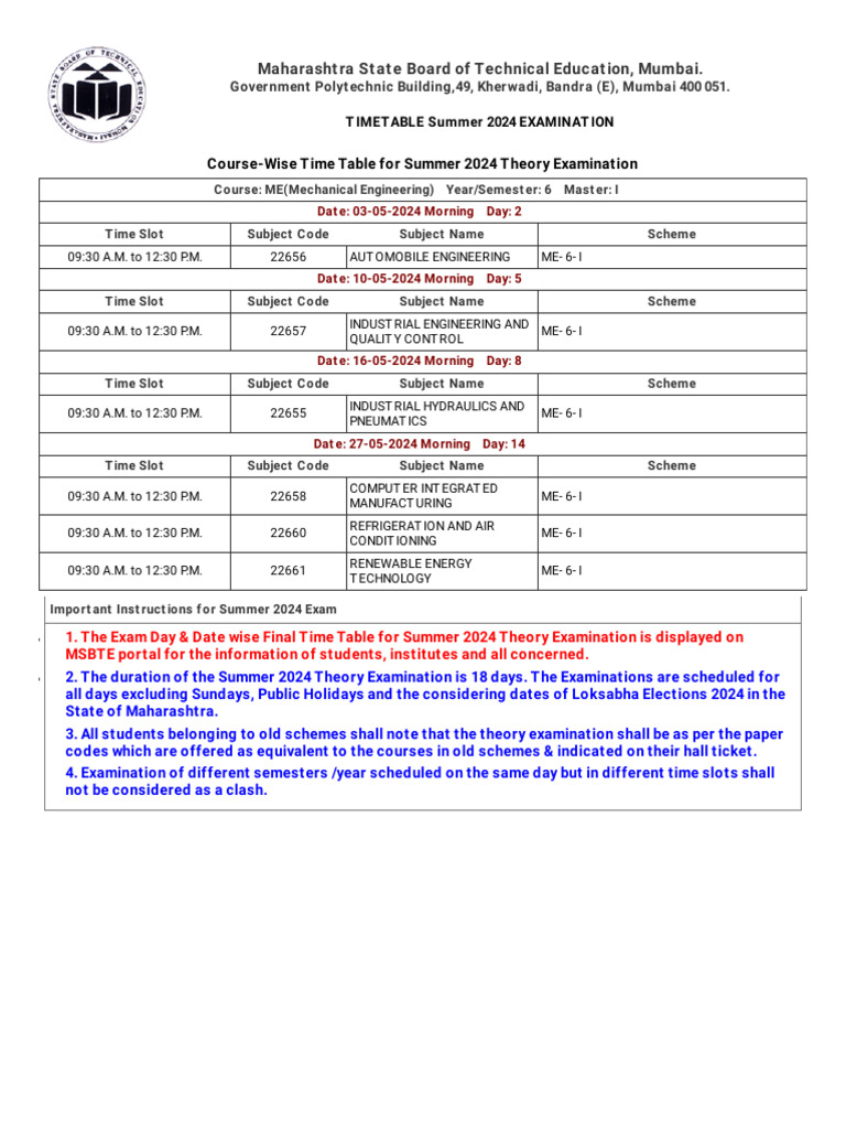 Summer 2024 Exam Timetable for ME | PDF