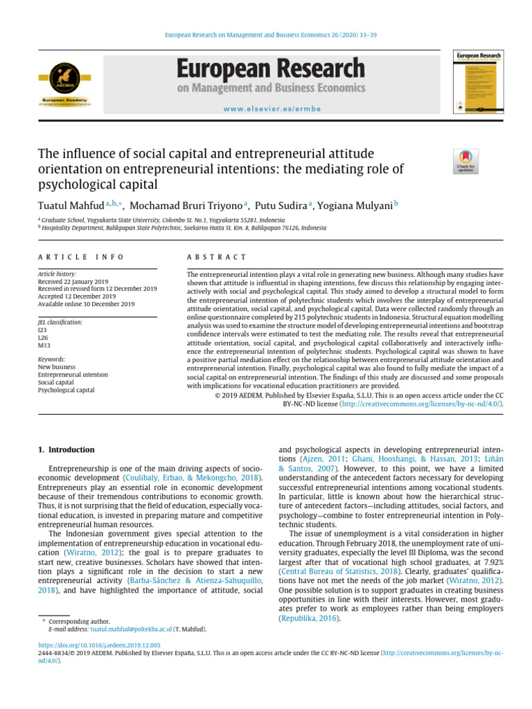 Social and Psychological Capital in Entrepreneurial Intentions | PDF ...