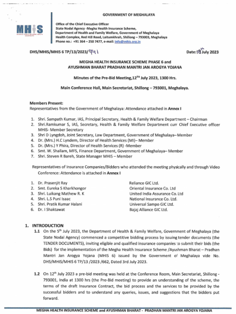 1 MHIS 6 PMJAY Pre Bid Minutes of The Meeting | PDF