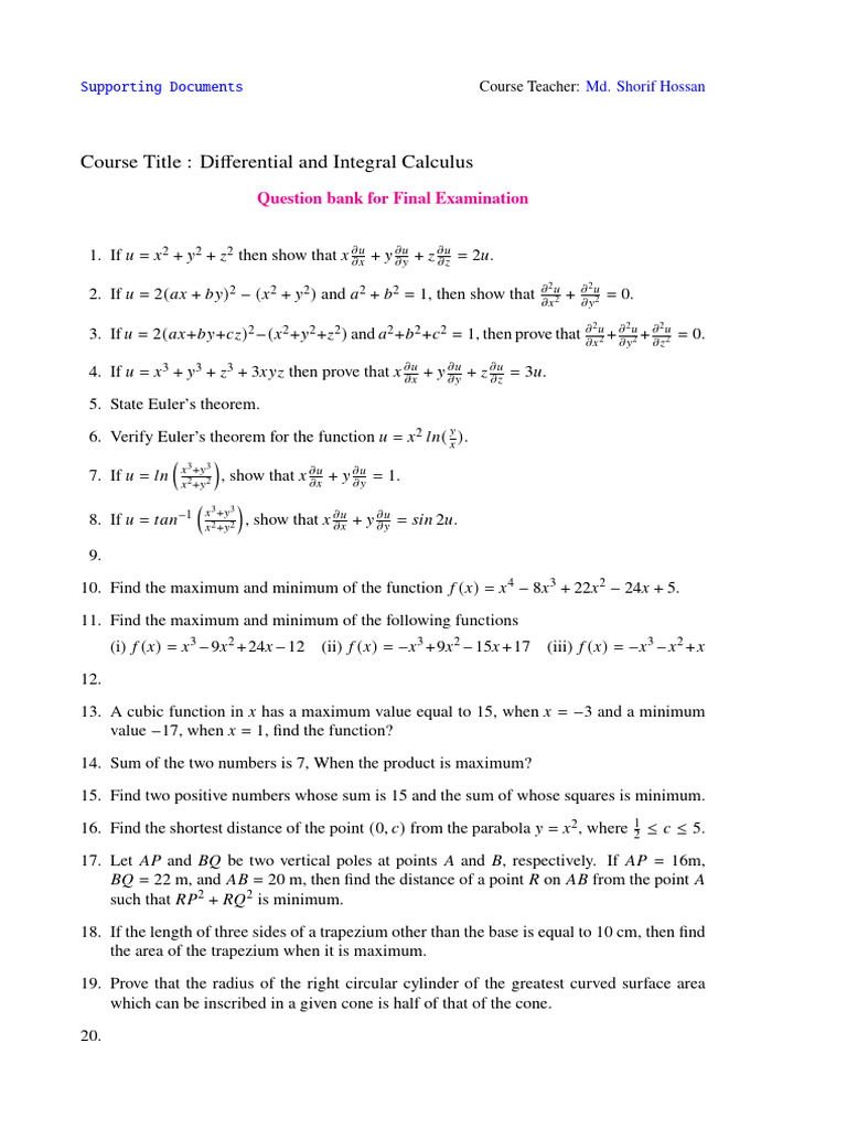 Differential and Integral Calculus Exam Questions | PDF | Area | Square ...