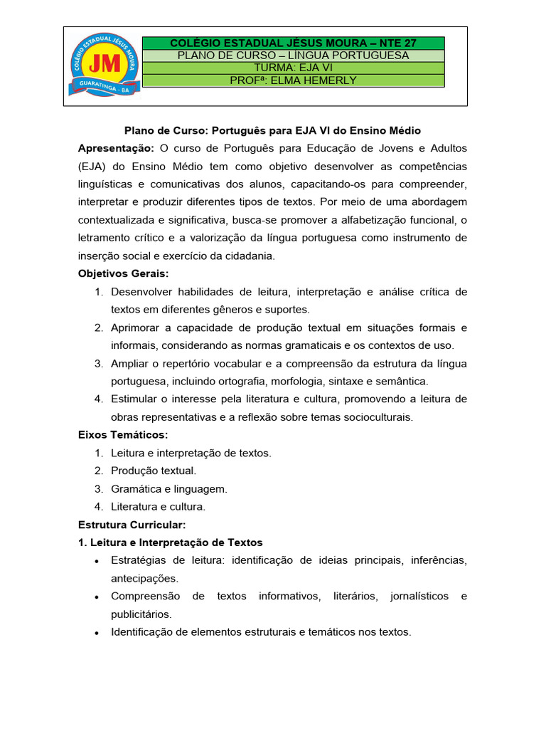 Plano de Curso Português Eja Vi | PDF