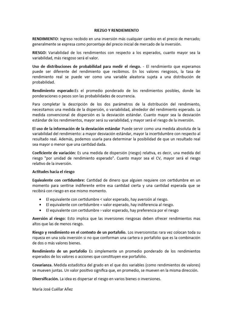 Riesgo y Rendimiento en Inversiones | PDF | Desviación Estándar ...
