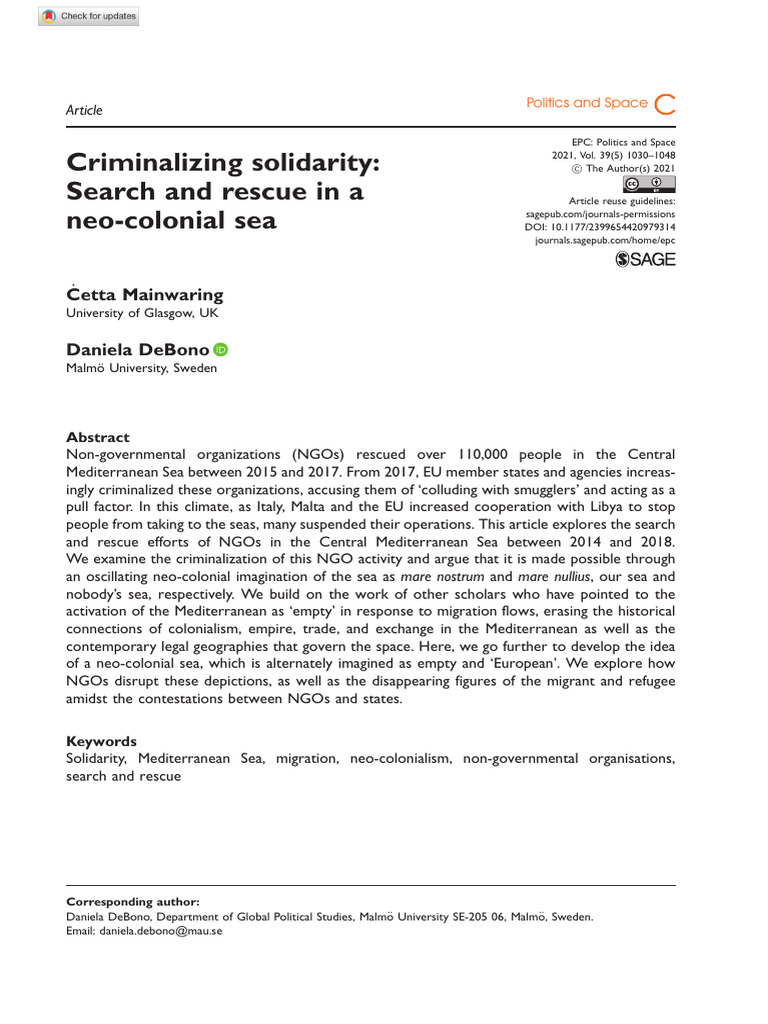 Criminalizing Solidarity Search and Rescue in A Neo-Colonial Sea | PDF