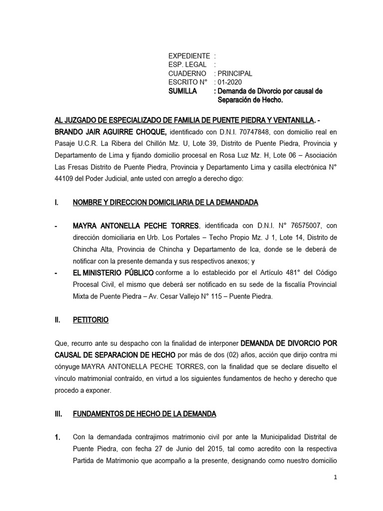 Modelo de Demanda de Divorcio Causal de Separacion de Hecho - Final