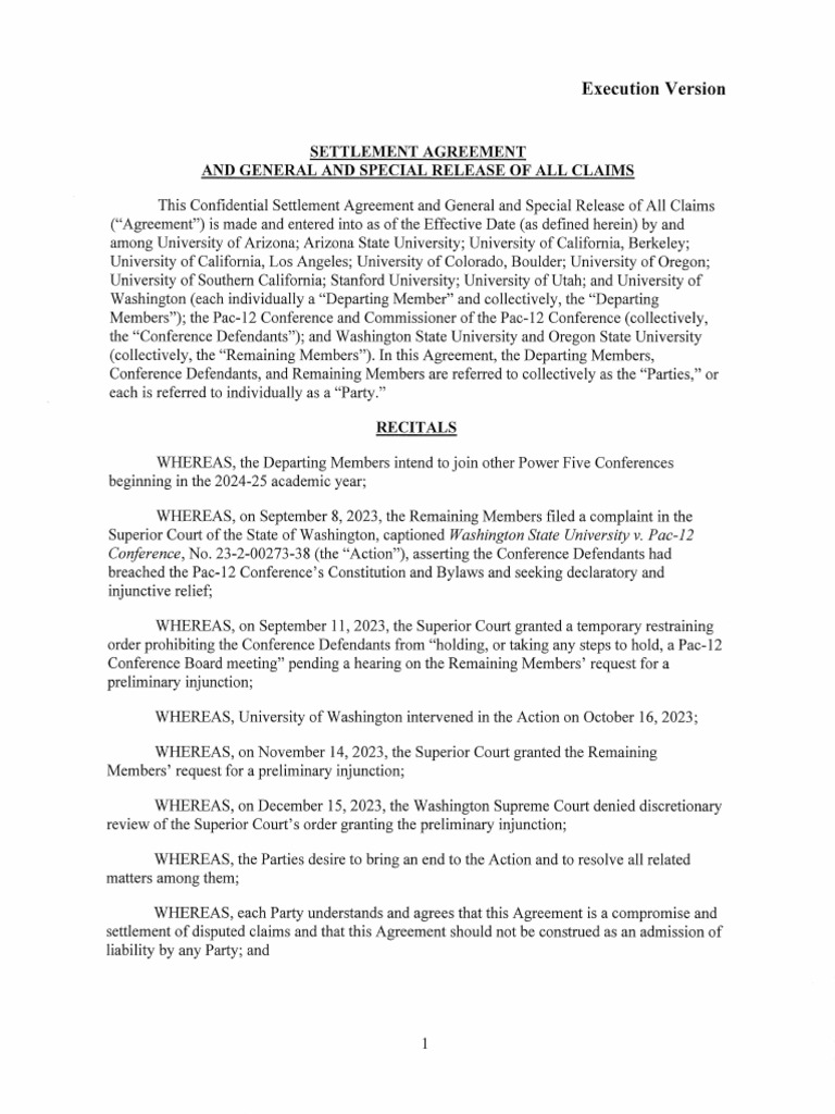 Pac-12 Settlement Agreement | PDF | Legal Remedy | Lawsuit