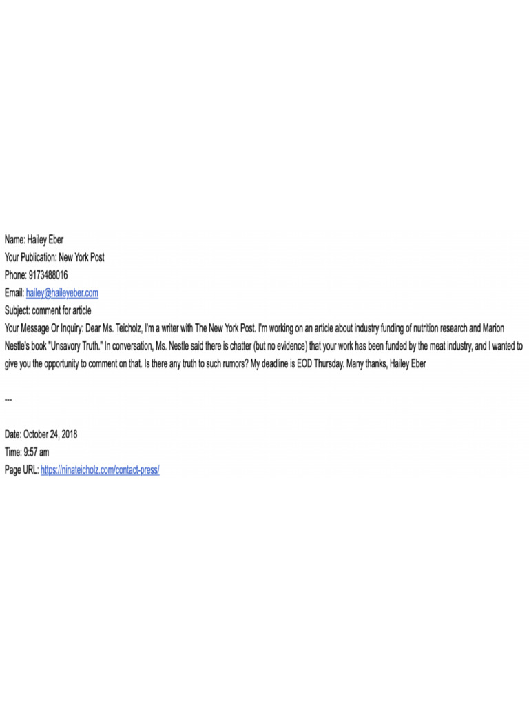 Screenshot of marion nestle whisper campaign to ny post reporter pdf