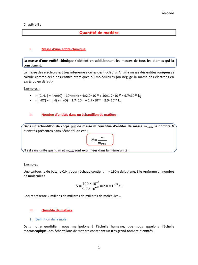 Chapitre 5 Quantité de matière | PDF
