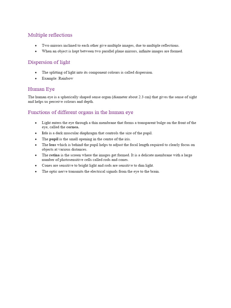 Light Reflections and Human Eye Functions | PDF
