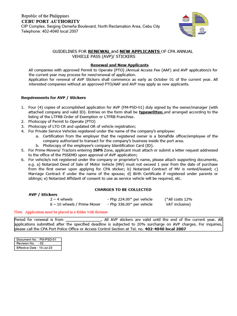 AVP Application Guidelines for Cebu Port | PDF | Law