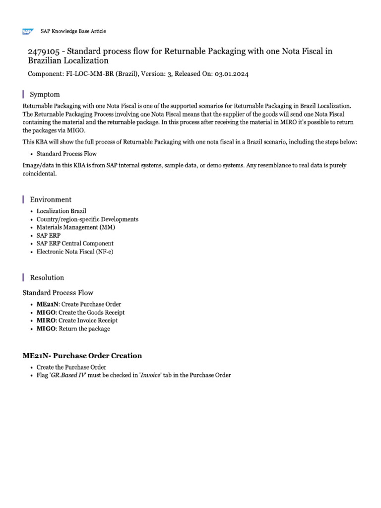 Standard Process Flow For Returnable Packaging With One Nota Fiscal in ...