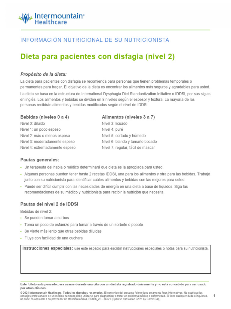 Dysphagia Diet IDDSI Level 2 Food List Spanish | PDF | Cereales | Alimentos