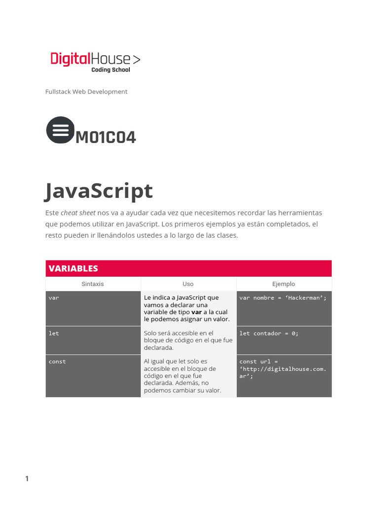 Cheat Sheet de JavaScript para Estudiantes | PDF