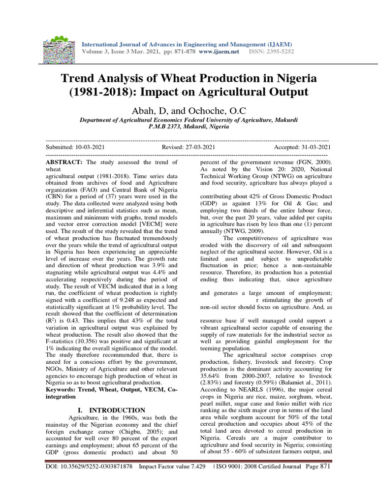 Trend Analysis of Wheat Production in Nigeria 1981 2018 Impact On ...