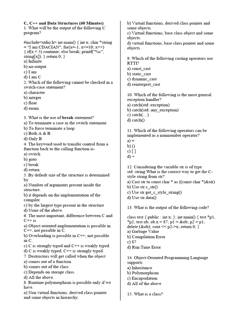 C, C++ Programming and Data Structures Quiz | PDF | Class (Computer ...
