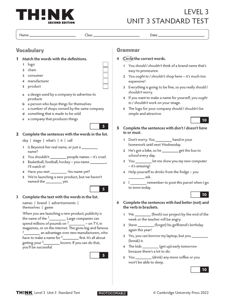 Level 3 Unit 3 Standard Test | PDF