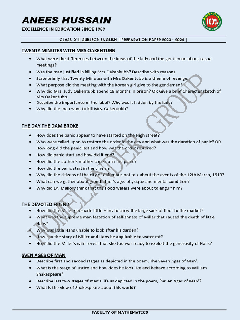 Xii-Anees Husain Preparation Paper 2024 - Homelander Group | PDF