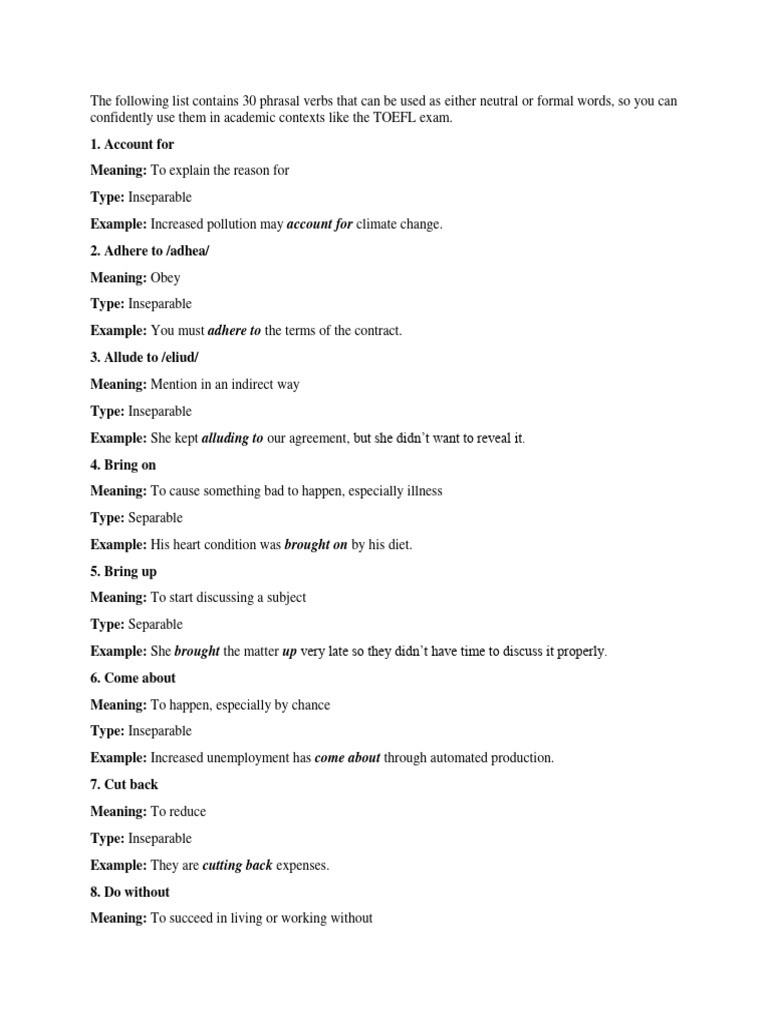 Toefl Phrasal Verbs Pdf