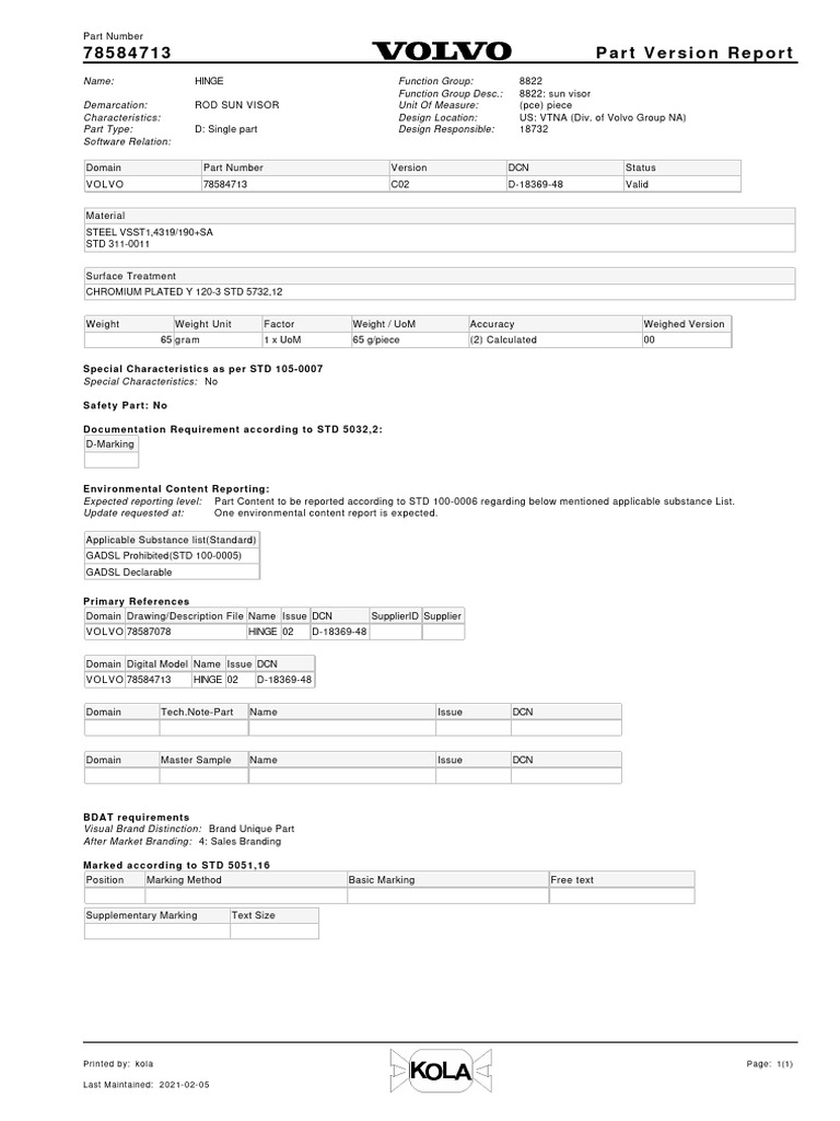 7 8 5 8 4 7 1 3 part version report special characteristics as per std