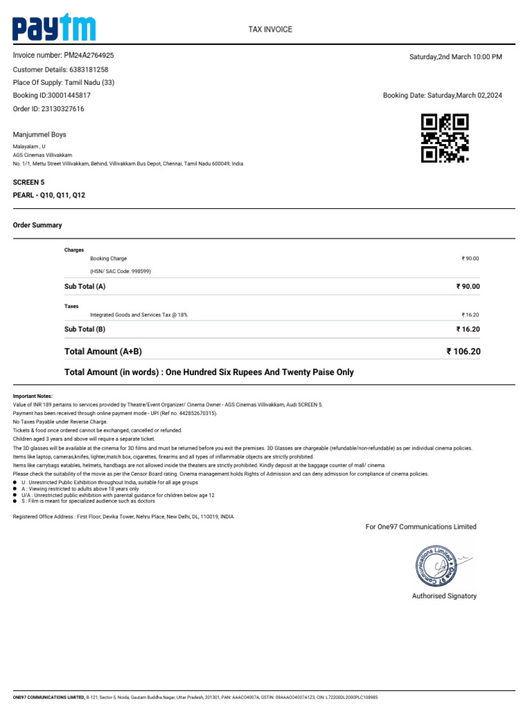 Charges Invoice - Order 23130327616 - Paytm | PDF | Movie Theater ...
