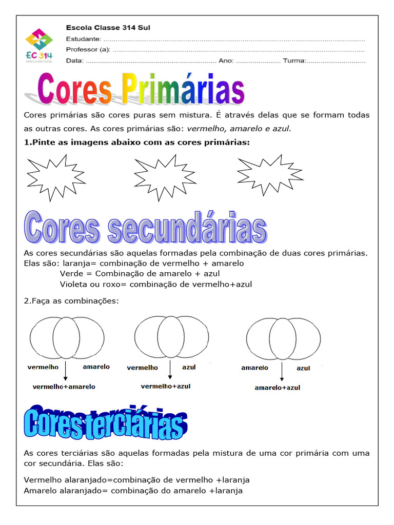 Atividades sobre Cores Primárias e Secundárias | PDF