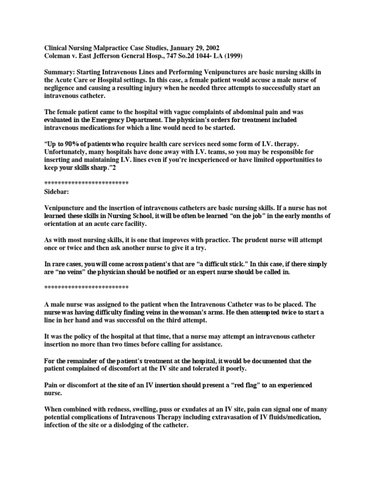 Nursing Malpractice: IV Catheter Case Study | PDF | Intravenous Therapy ...