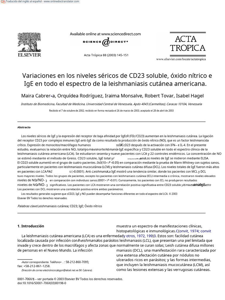 Niveles de CD23, NO e IgE en Leishmaniasis | PDF | Medicina CLINICA ...