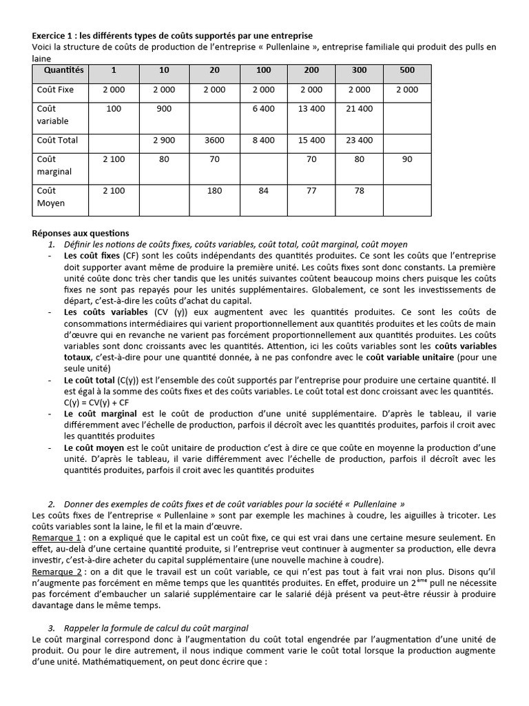 Coûts de production : analyse et exercices | PDF | Coût marginal ...