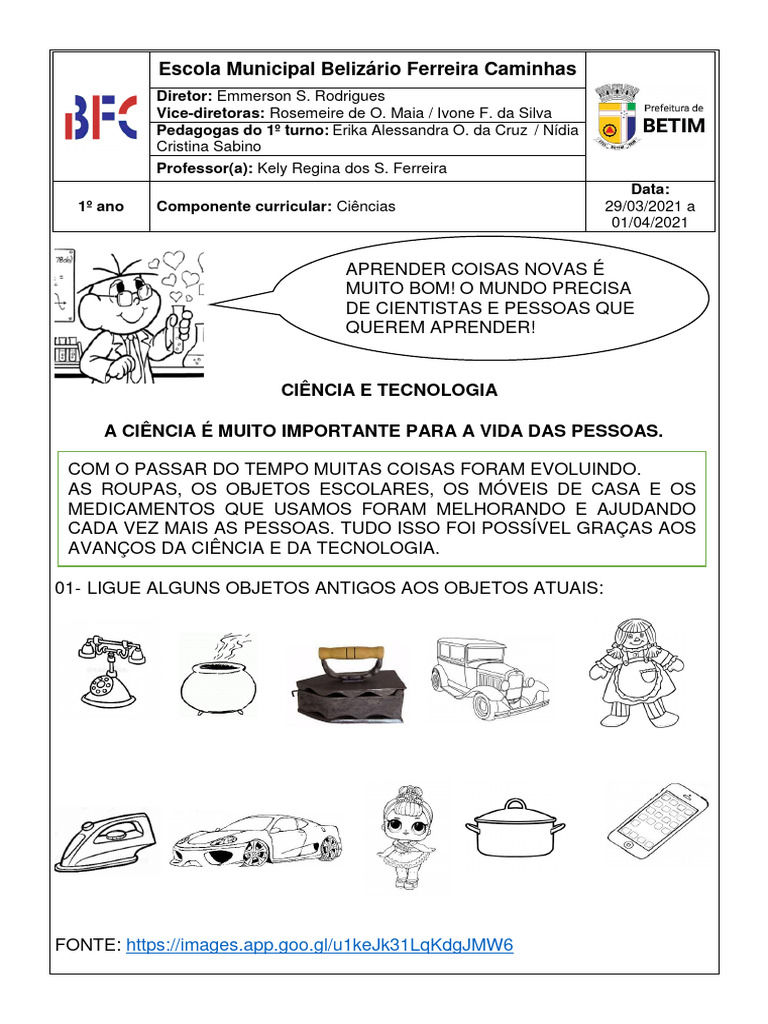 Atividades de Ciências: Objetos Antigos e Atuais | PDF
