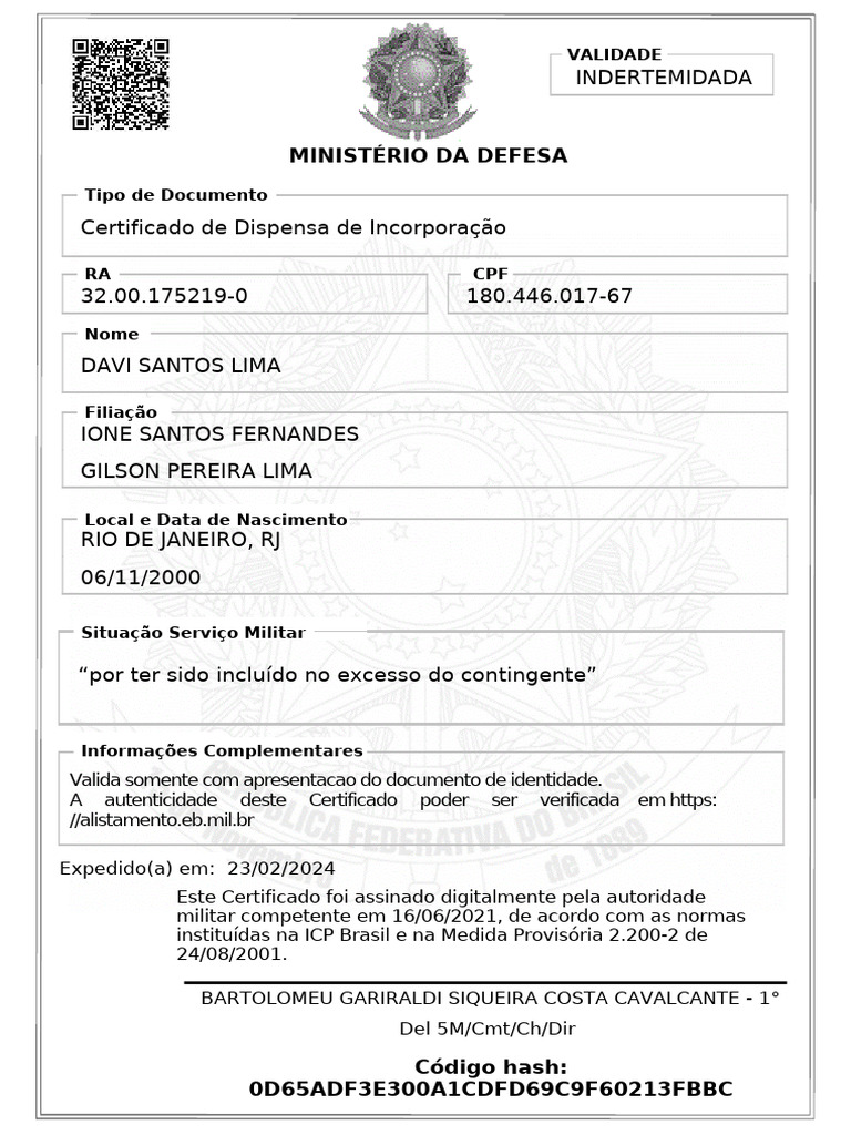 Certificado de Dispensa de Incorporação - DAVI SANTOS LIMA | PDF