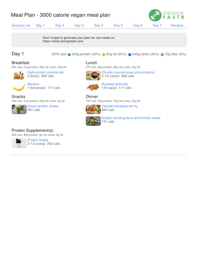 3000 Calorie Vegan Meal Plan | PDF