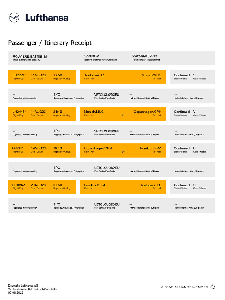Passenger / Itinerary Receipt: Deutsche Lufthansa AG Venloer Straße 151 ...