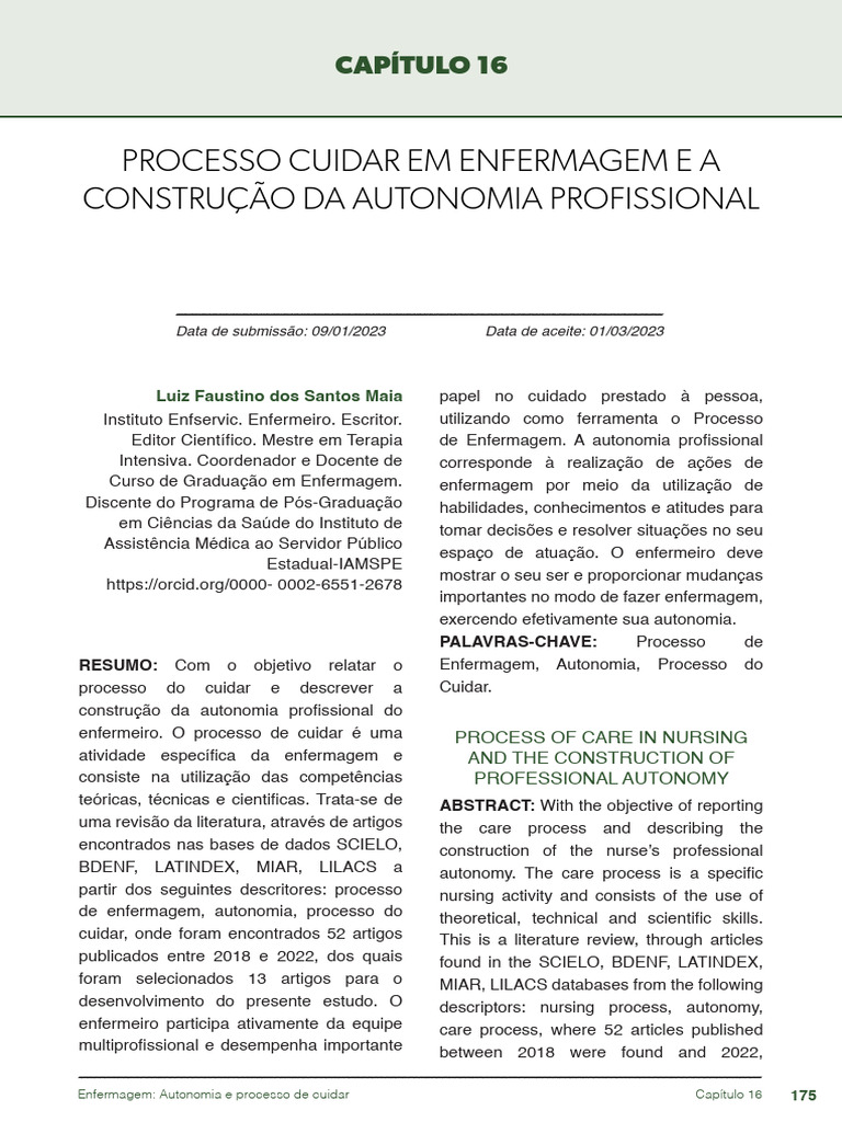 Processo Cuidar Em Enfermagem E A Construcao Da Autonomia Profissional
