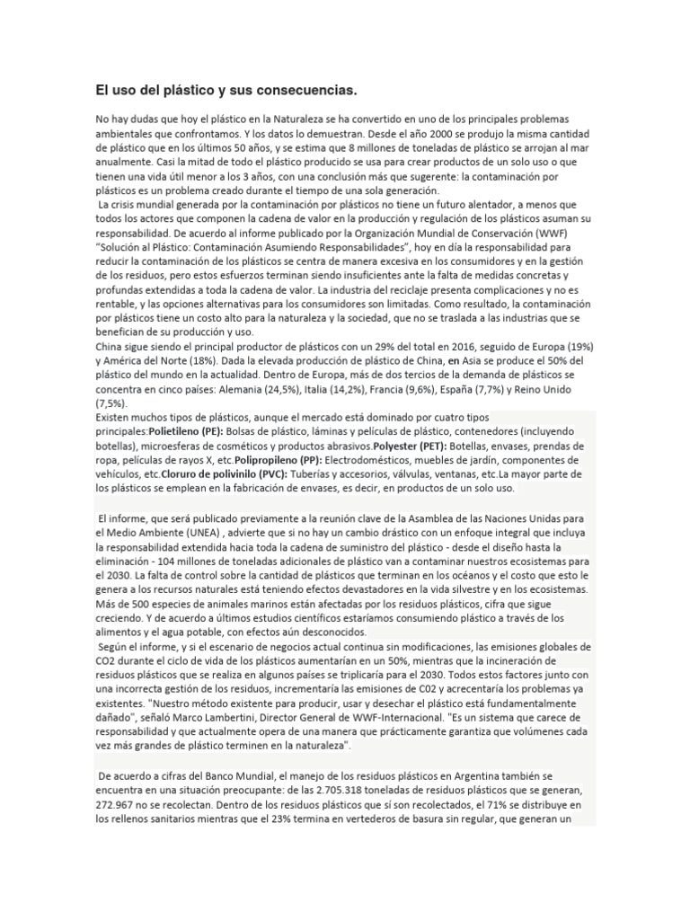 Consecuencias del uso del plástico | PDF | Residuos | El plastico