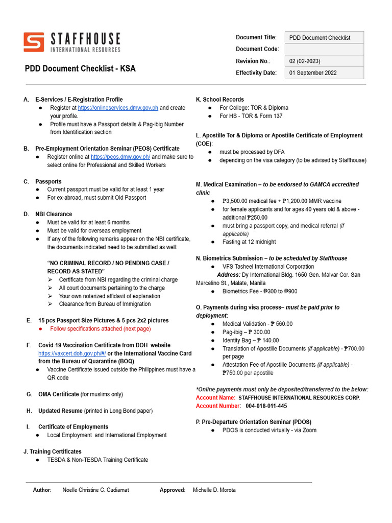 PDD Document Checklist for Employment | PDF