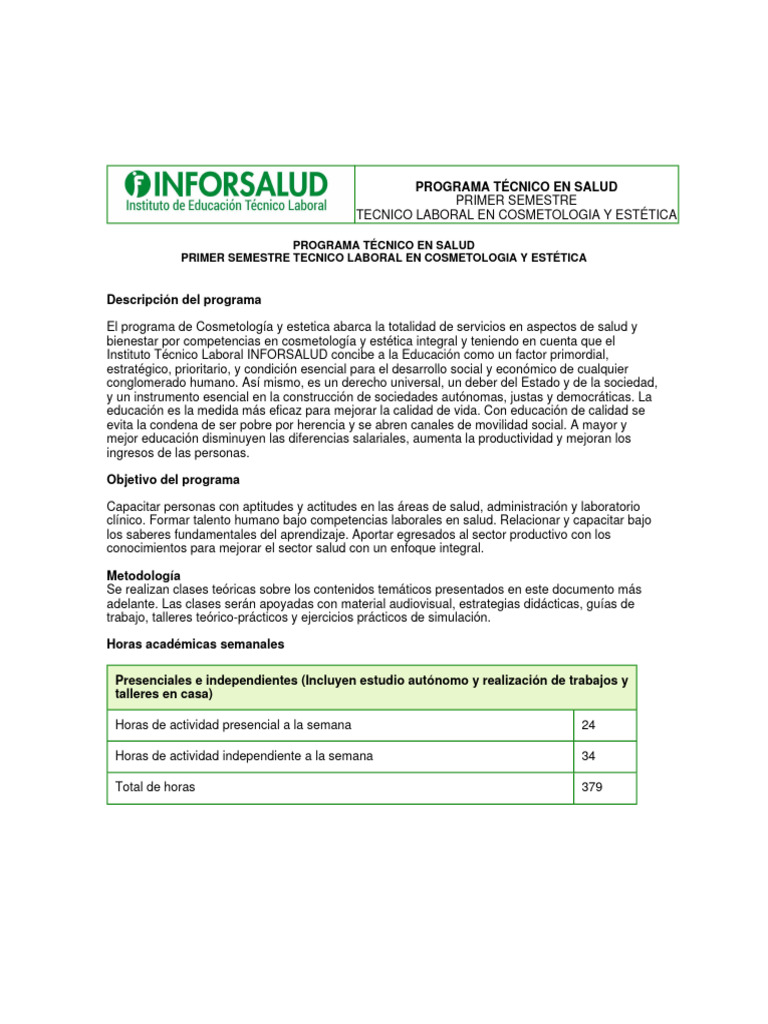 Programa Técnico en Cosmetología y Estética | PDF | Masaje | Productos ...