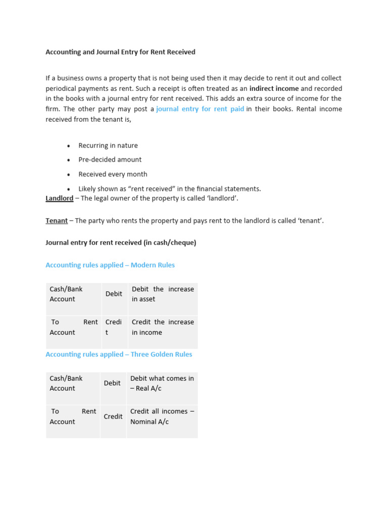 Journal Entries for Rent Received | PDF | Debits And Credits | Deferral