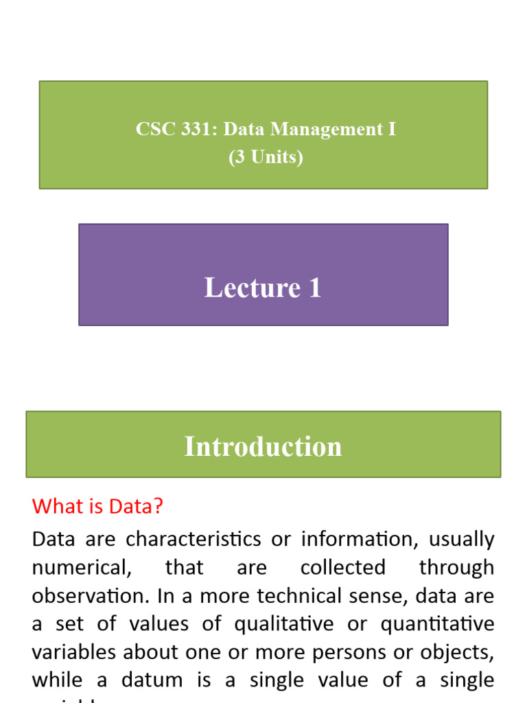 CSC - 331 - Data Management I - Lecture 1-1 | PDF | Databases | Data