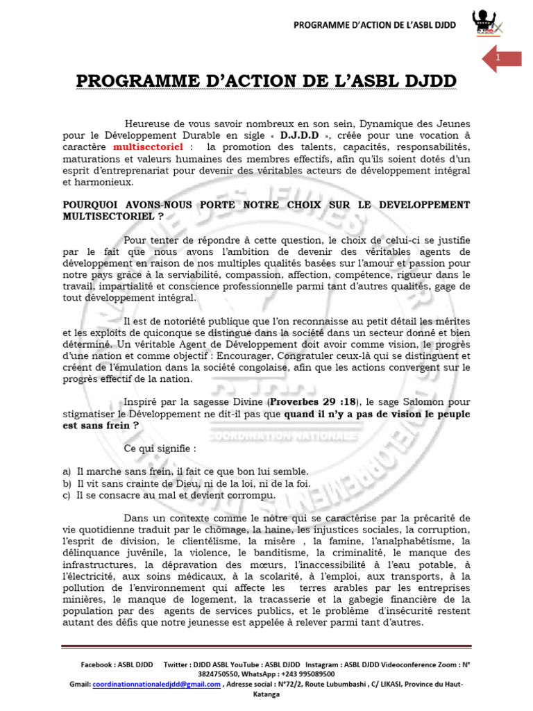 Programme d'Action de l'ASBL DJDD | PDF | République démocratique du ...