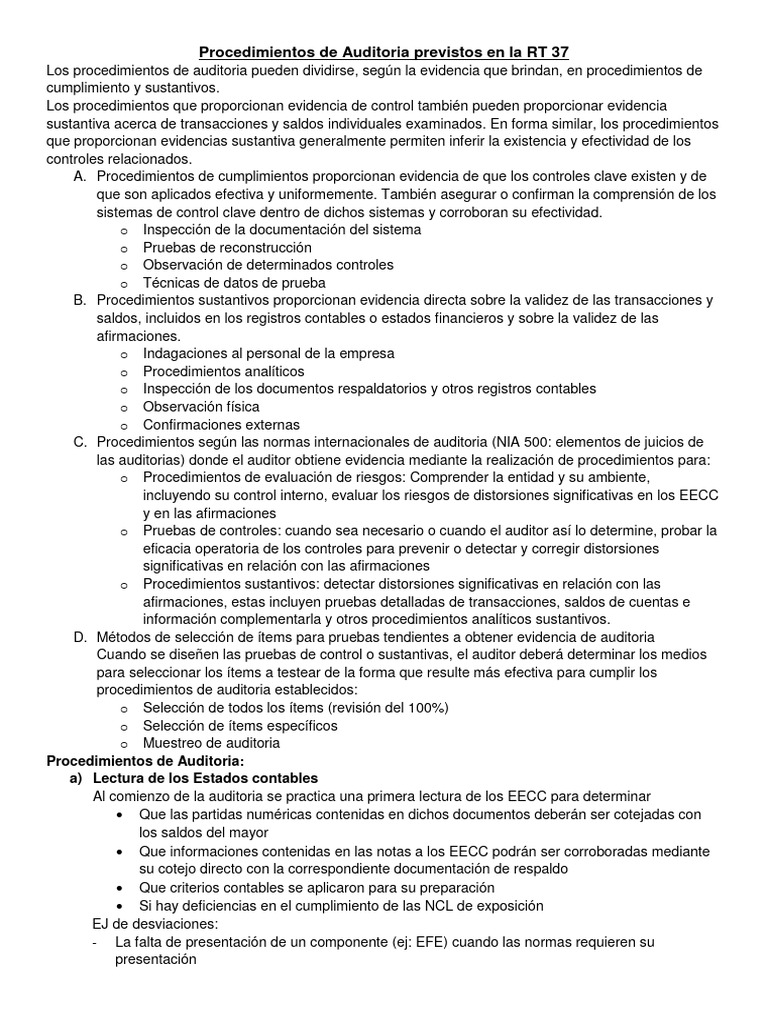 Procedimientos de Auditoría según RT 37 | PDF | Auditoría | Contabilidad