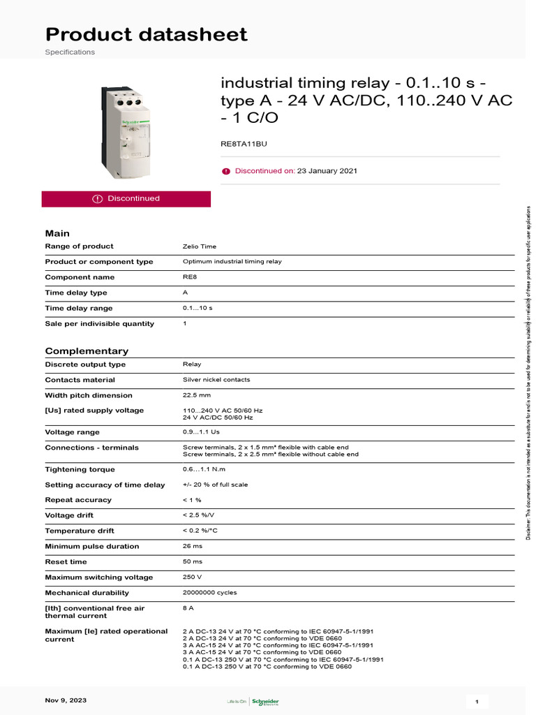 Discontinued RE8TA11BU Timing Relay | PDF | Relay | Alternating Current